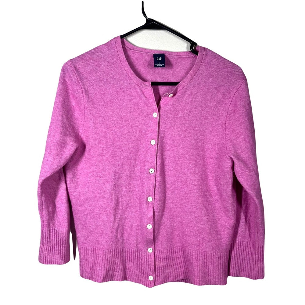 GAP 100% Cashmere Fuchsia Pink Crewneck Cardigan Sweater 3/4 Sleeves Size Large